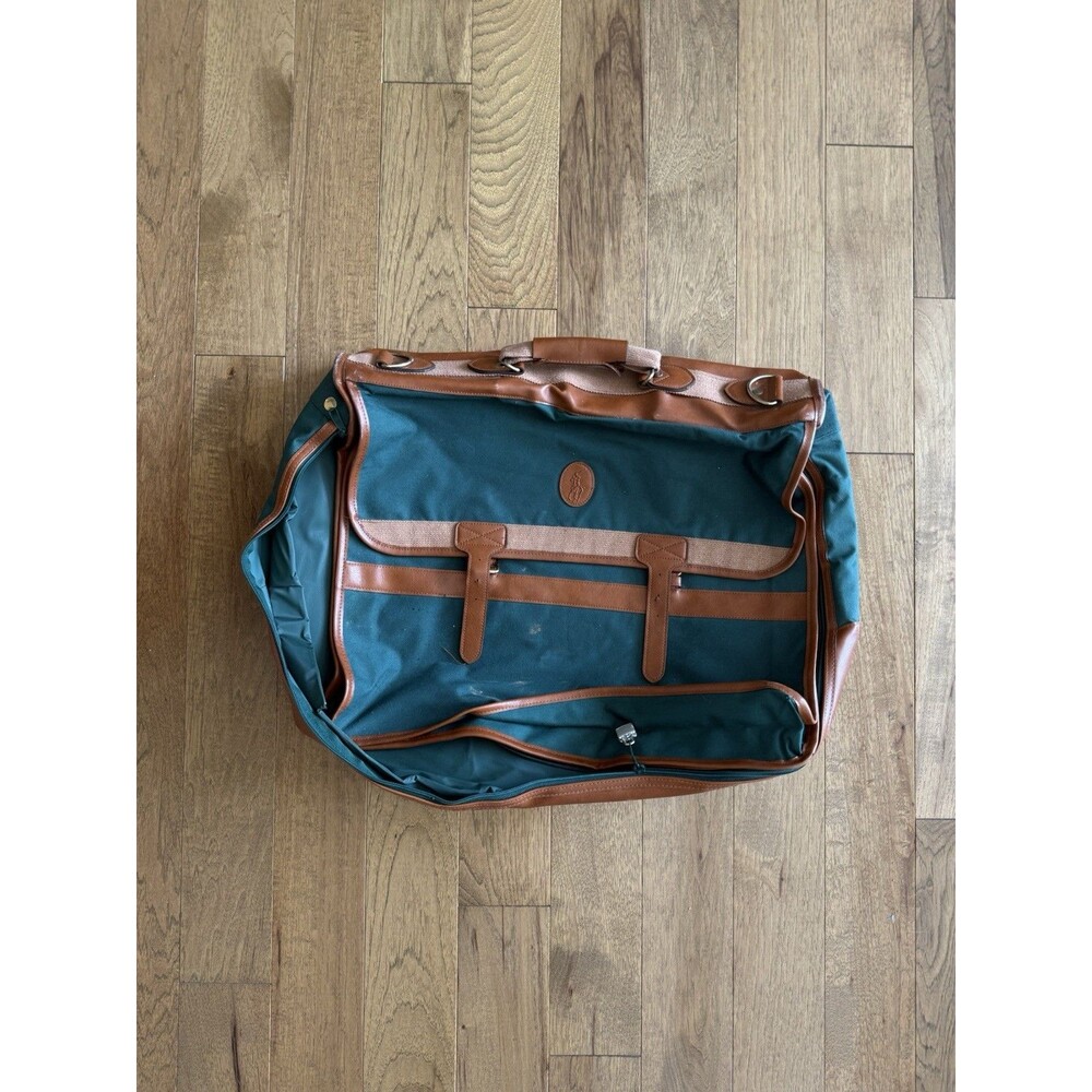 Polo Ralph Lauren Canvas Leather Garment Bag Duffel Green Tan Travel Weekend Vtg